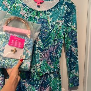 Lilly Pulitzer dress and matching bag. The bamboo handle bag is brand new